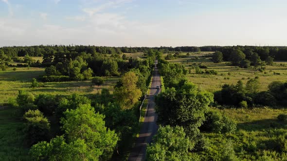 The road leads through fields and forests.