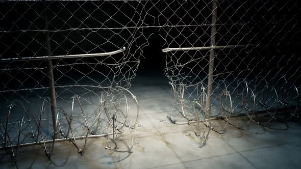 Broken jail fence. Escape. Defection. Night spotlight. Leave the jail. 4k HD
