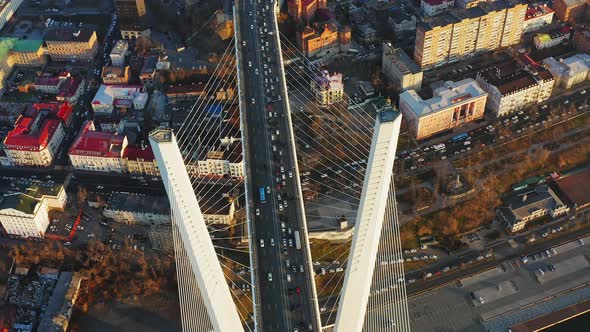 Drone View of the Impressive Cablestayed Golden Bridge at Sunrise