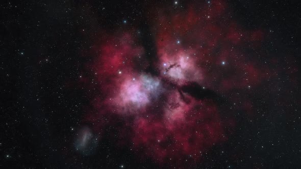 Spaceship Flies Near Red Nebula in Space