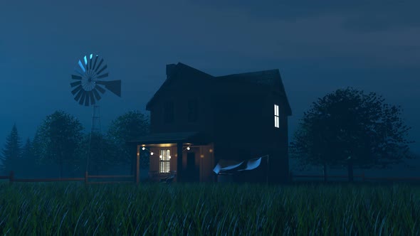 Ufo hangs above the wooden building and shoots a bright light beam. Render 4k