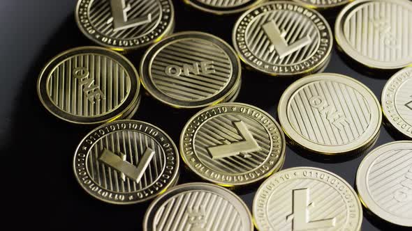 Rotating shot of Bitcoins (digital cryptocurrency) - BITCOIN LITECOIN 281