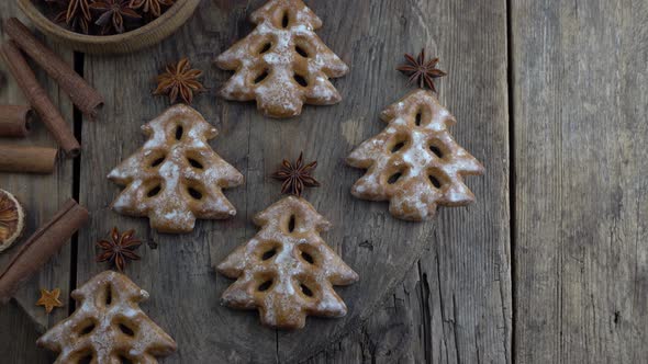 Christmas Tree Cookies on Wooden Background