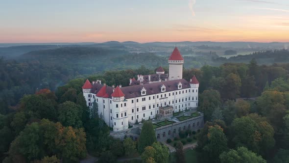 Aerial view of Konopiste Castle on sunrise