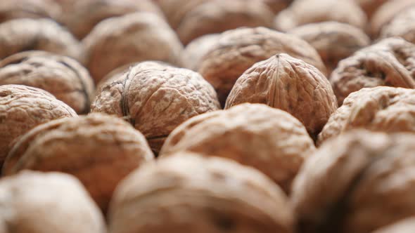 Background made of walnut fruit pieces arranged on the table slow tilt 4K 2160p 30fps UltraHD video 