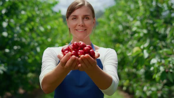 Farmer Woman Holding Berry Cherry in Hands at Local Farm Market Orchard Garden