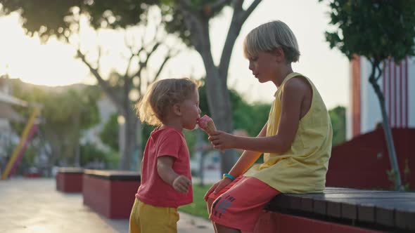 Little Brother Share Ice Cream with Elder Brother at a Park