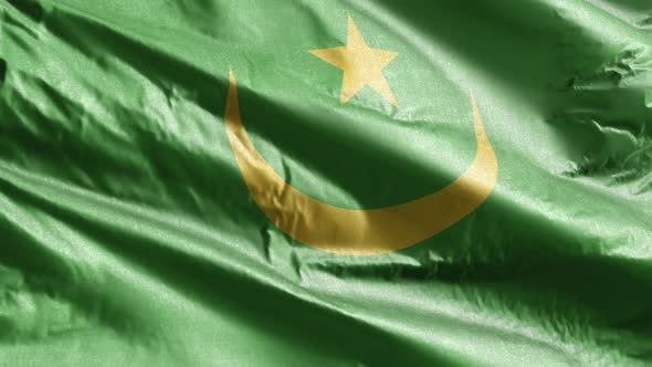 Mauritania textile flag waving on the wind. Slow motion. 20 seconds loop.