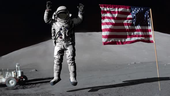 Astronaut Jumping on the Moon and Saluting the American Flag alt