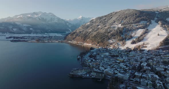 Drone Over Town On Lake Zell With Mountains