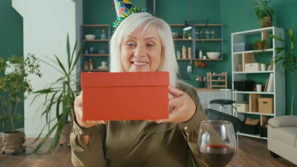 Happy Elderly Woman Celebrating Her Birthday Online Enjoying the Conversation
