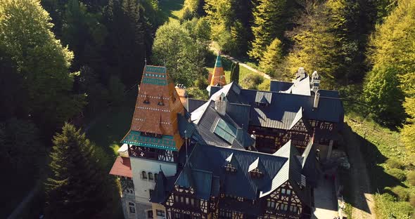 Pelisor Castle In The Romanian Forest Aerial