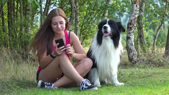 A Young Beautiful Woman and a Border Collie Sit in a Meadow, the Woman Works on a Smartphone