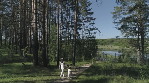 Aerial view of Mom and her little daughter are walking in the forest towards the river. 21