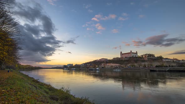 Sunset Timelapse of Bratislava Castle Slovak Parliament and the Danube River