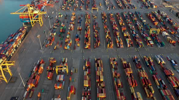 Aerial View of the Container Terminal of the Seaport of the City of Valencia and the Ship