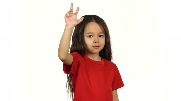Portrait Little Child Counting Fingers Her Hands on White Background