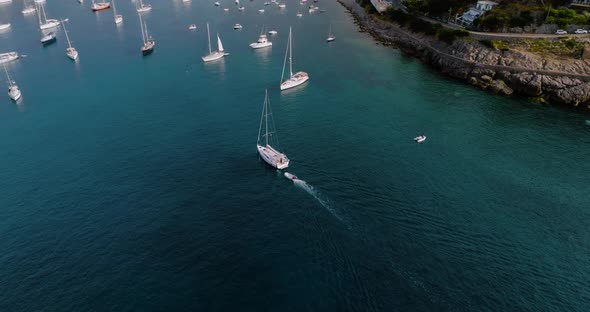 Aerial View of Summer Resort Town Port De Soller on Majorca Island Sandy Beach Boats Yachts Clear