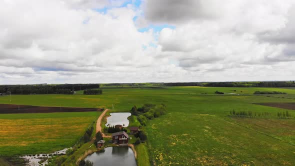 Aerial View Holiday Villa With Lake In Lithuania Countryside