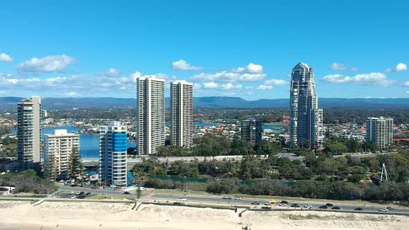 Aerial view showing beaches and high rise buildings along the  Australian Gold Coast coastline