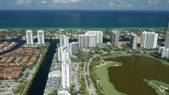 Beautiful Miami Beach Aerial View with Golf Course and Water Channels,  Aerial