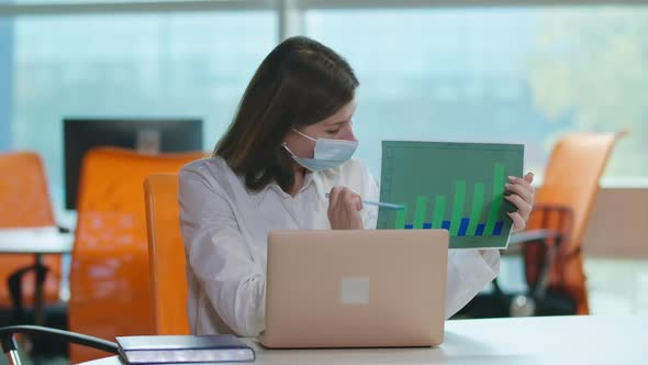 Serious Intelligent Woman in Coronavirus Face Mask Sitting at Table with Laptop Showing