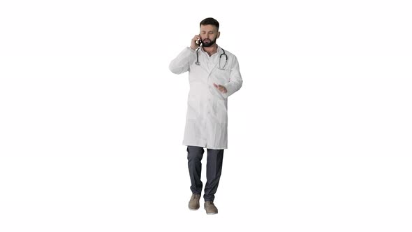Medical Doctor Calling By Phone Walking on White Background