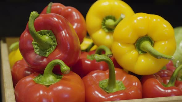 Close-up of Red and Yellow Pepper Lying on Shelf in Grocery. Colorful Vegetables for Sale in Retail