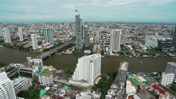 panning shot of Bangkok city with Chao Phraya River, Thailand
