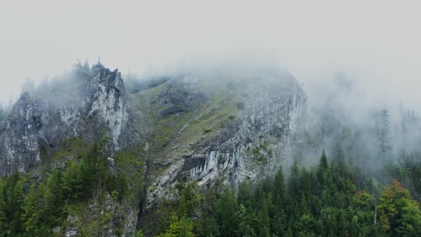 Rocky Mountains Covered with Spruce Forest and Covered with Thick White Clouds