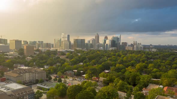 Drone time lapse headed north towards Midtown Atlanta at sunset