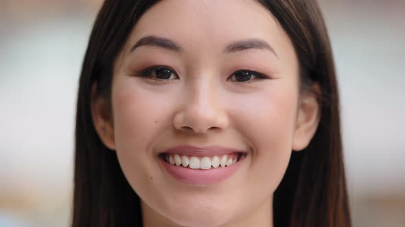 Female Portrait Close Up Face Happy Excited Successful Satisfied Girl with Natural Makeup Asian
