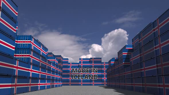 Many Containers with MADE IN ICELAND Text and National Flags alt