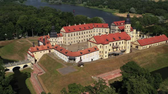 Top View of the Nesvizh Castle and the Park on a Summer Day