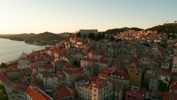 Beautiful Old City of Sibenik Aerial View of the Town at Sunset