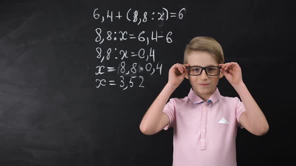 Cute Nerd Schoolboy in Glasses Standing Near Blackboard, Math Exercise Written