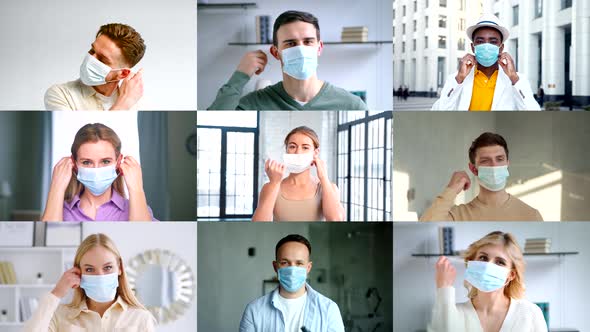 Young people taking off their blue medical mask. Young smiling people taking off their mask