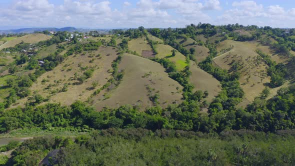 El Camito countryside near Bao dam in Dominican Republic. Aerial sideways