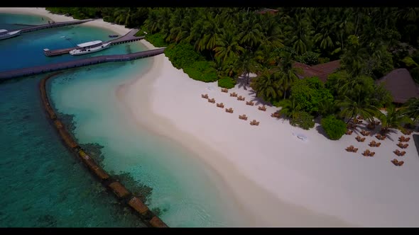 Aerial flying over sky of relaxing sea view beach journey by shallow sea and white sandy background 