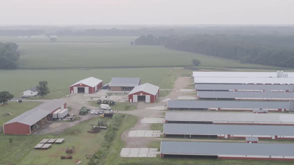 Early morning aerial view of a farm