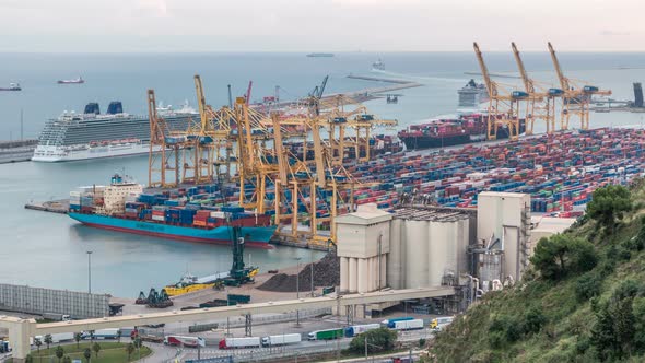 Seaport and Loading Docks at the Port with Cranes and Multicolored Cargo Containers Timelapse