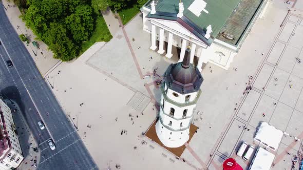 Cinematic view of Vilnius Cathedral and Bell tower, aerial orbit shot