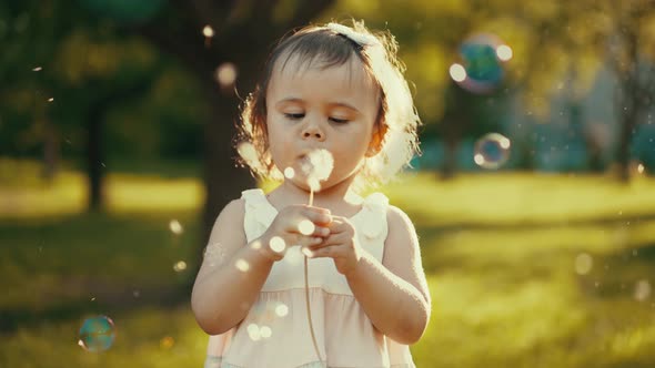 Little Girl Blowing Soap Bubbles on Nature