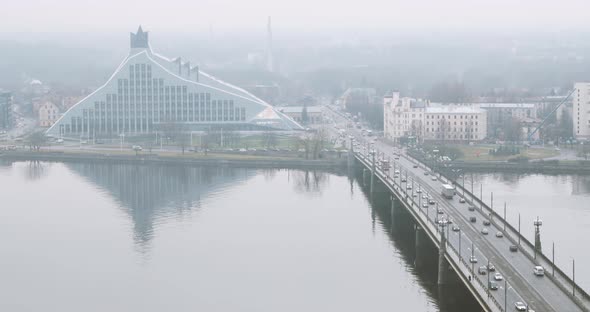 Riga Latvia December 19 2017 Top View Traffic On Akmens Tilts Stone Bridge And National Library