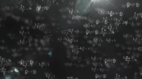 Animation of mathematical formulae moving and flickering on black background