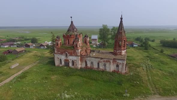Aerial view of Old ruined abandoned church in a village 04 alt