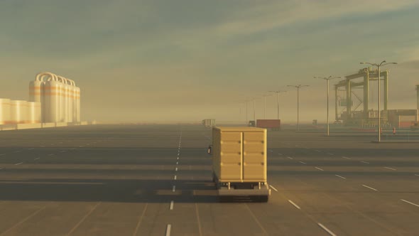Logistics and transportation with trucks in polluted maritime container port.
