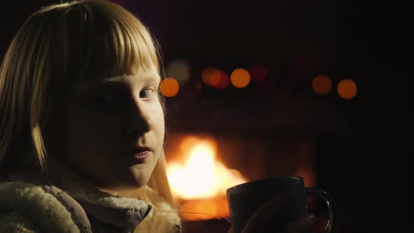 Girl Drinks Tea Sitting By the Window, a Fireplace and a Christmas Tree Are Lit From Behind