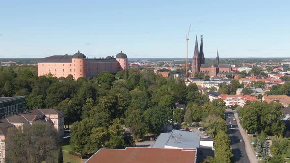 Panoramic view of Uppsala cathedral and castle, Sweden. Aerial view