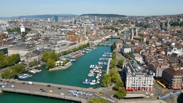 Aerial View Over the City Center of Zurich Switzerland and River Limmat